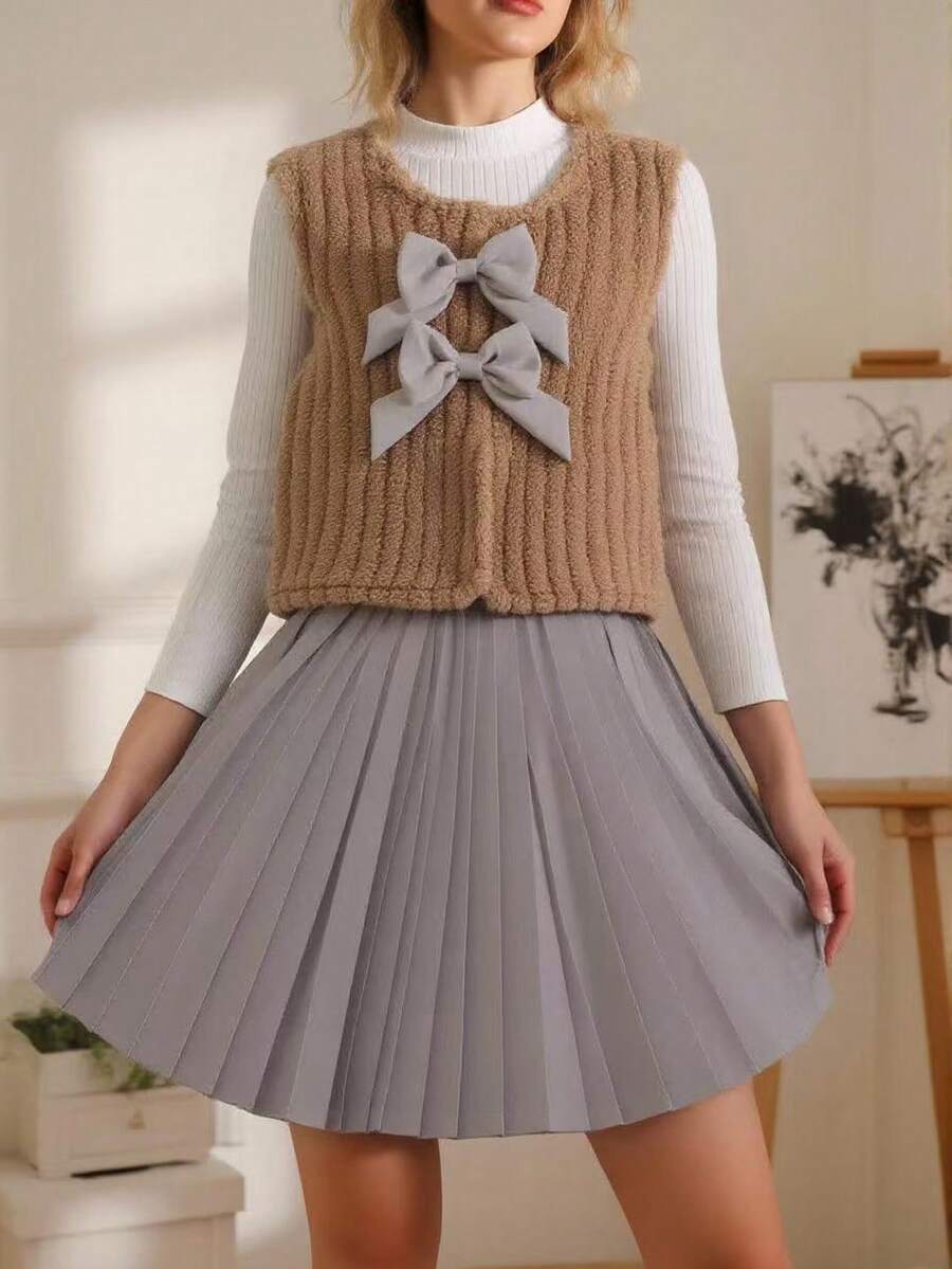 2pcs Women Vintage Casual Outfit - Sleeveless Furry Vest And Pleated Gray Mini Skirt - Multicolor - View 1