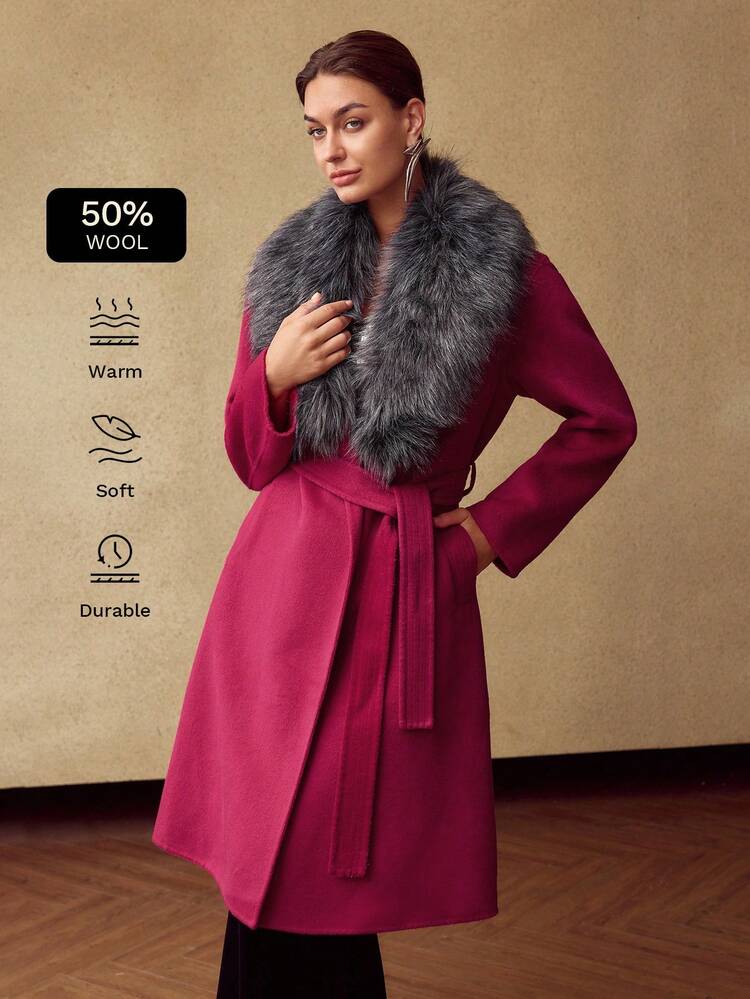 WOOL CONTRAST FUZZY WATERFALL SLANT POCKET BELTED OVERCOAT