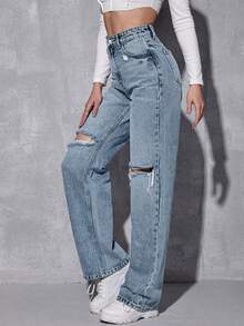 SHEIN ICON Pantalones vaqueros de mujer de mezclilla casual con bolsillo delantero y efecto desgastado - Neblina azul - Ver 5