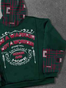 ROMWE MEN Street Life Men's Patchwork Contrast Plaid & Letter Print Hoodie - Green - View 4