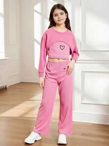 SHEIN Conjunto de niña preadolescente con chaqueta corta minimalista de cuello redondo y manga larga con Top y pantalones