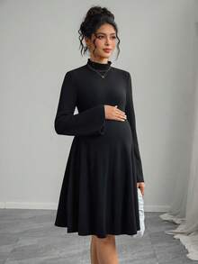 Momance Vestido midi casual preto com gola alta e manga flare para maternidade