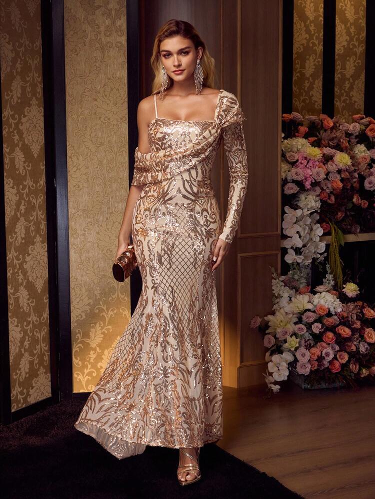 MOTF Soiréza SEQUIN EMBROIDERED ASYMMETRIC SHAWL DESIGN ELEGANT EVENING GOWN, MERMAID DRESS FOR FORMAL PARTY