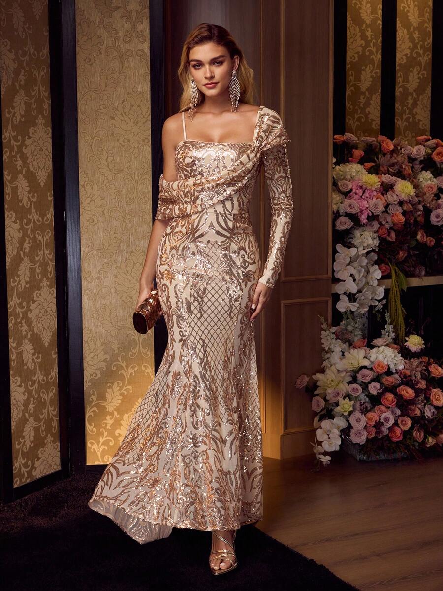 MOTF Soiréza VESTIDO DE NOCHE ELEGANTE CON DISEÑO DE CHAL ASIMÉTRICO BORDADO CON LENTEJUELAS, VESTIDO DE SIRENA PARA FIESTA FORMAL