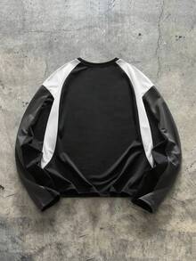 AXEPEAK Men Letter Print Contrast Color Round Neck Casual Loose Long Sleeve T-Shirt, Fall