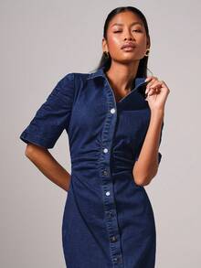 COSMINA Women's Short Puff Sleeve Single-Breasted Pleated Casual Denim Dress