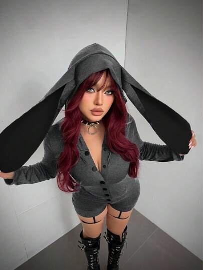 Whyspr Fashionable Dark Cute Red & Black Plaid Rabbit Ear Contrast Color Elastic Knit Jumpsuit