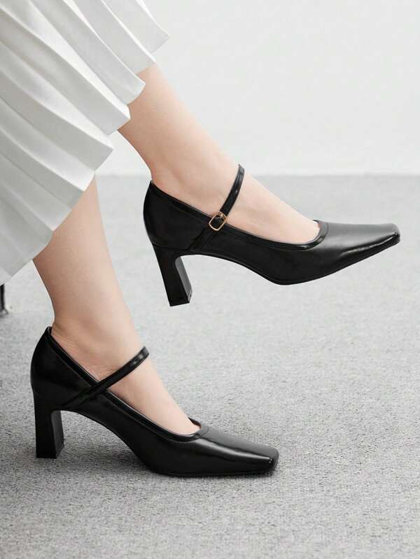 CUCCOO BIZCHIC Casual Versatile Solid Color Women's Fashion Chunky Heel Buckle Flats