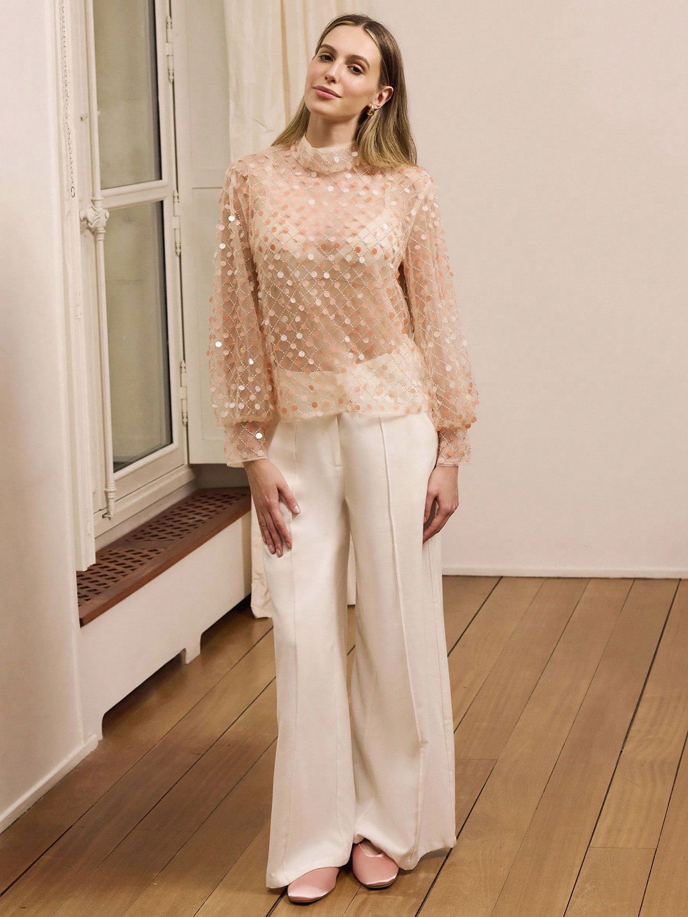 Sheer Sequin Embellished High Neck Long Sleeve Top Party Top Sequin Top Pink Top Evening Chic Spring Summer Premium Top Party Top See Through Tops Shiny Top Sparky Dress  New Year Party Outfits French Style Parisian Style