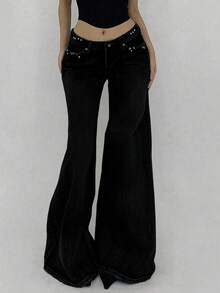 DAZY Women's Fashion Washed Low Waist Wide Leg Jeans - Black - View 3