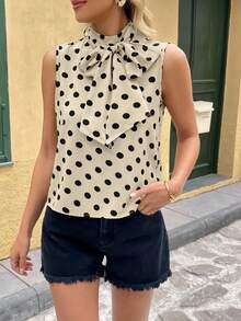 Franclia 时尚优雅百搭 H 型法式蝴蝶结波尔卡圆点宽松无袖女士衬衫，春夏 - 彩色 - 查看 6