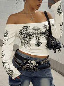 Maweii 大码女式性感单肩印花长袖上衣，夏季度假休闲衬衫 - 米色 - 查看 1