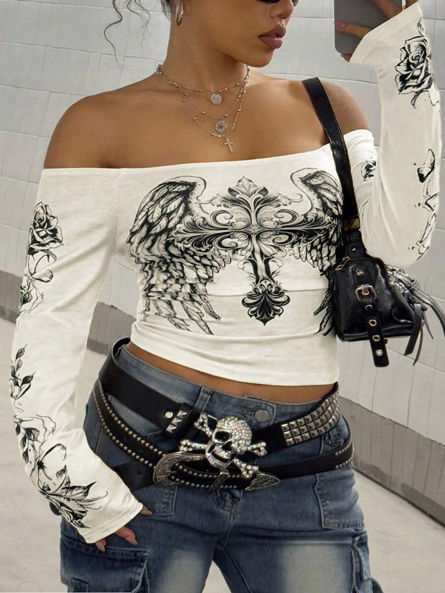 Maweii 大码女式性感单肩印花长袖上衣，夏季度假休闲衬衫 - 米色 - 查看 1