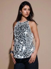 SHEIN BAE Women's Fashionable Party Sequin Halter Top - Silver - View 6