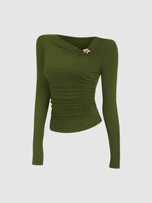 Sweetra 复古美式设计不对称肩部 T 恤，修身时尚女式秋季 T 恤 - 墨綠色 - 查看 3