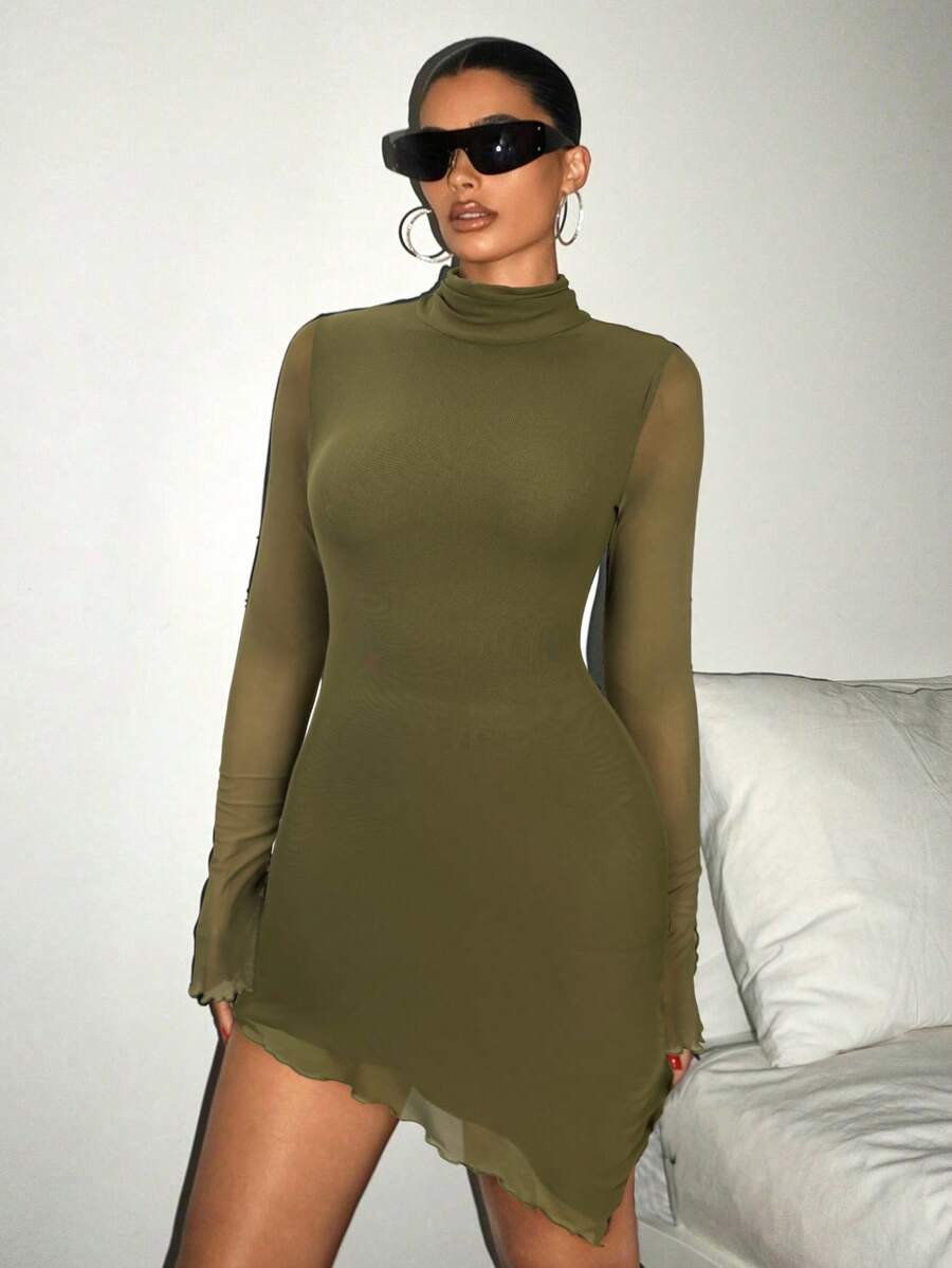 SHEIN ICON Vestido de manga larga con cuello alto, ajustado, de unicolor y bajo asimétrico de malla para mujer - Verde militar - Ver 1