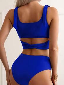Swim Mod Summer Beach Tie Shoulder High Waisted Bikini Set - Royal Blue - View 2