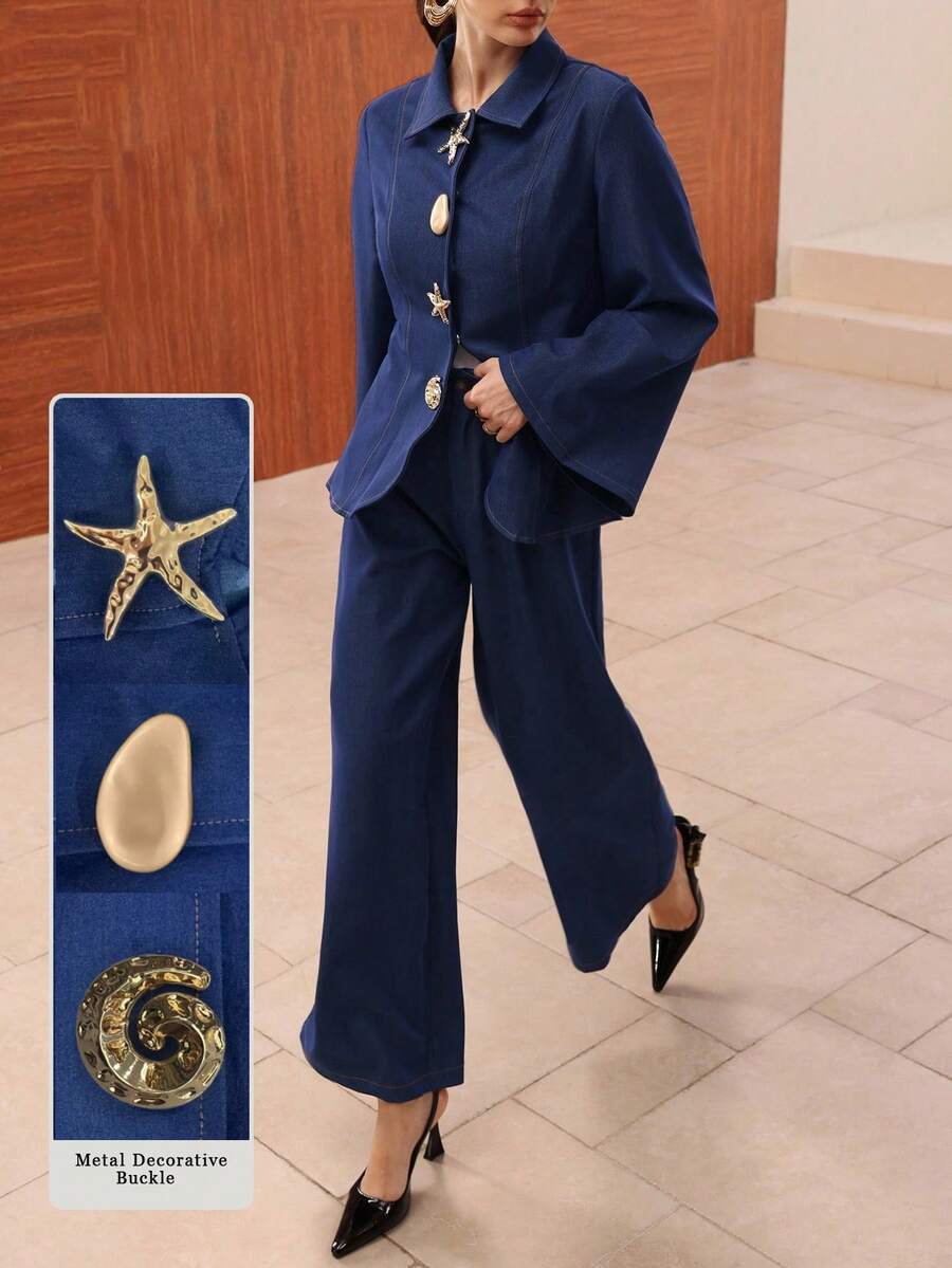 Modelyn 时尚女装套装，优雅金属纽扣装饰长袖蓝色牛仔上衣和高腰阔腿直筒裤