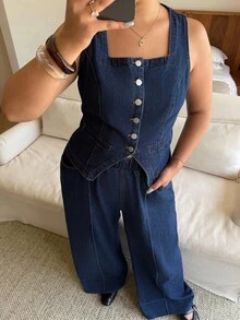 Dripcurv 大码女式休闲牛仔背心和裤子两件套，复古硬币设计，适合秋冬和新年装 - 藍色 - 查看 4