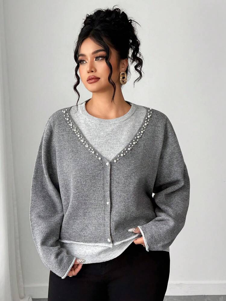 Dazy Plus Plus Size Women Contrast Color Block 2 In 1 Pearl Decor Pullover Sweater
