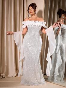 Cravure Đầm dạ hội dự tiệc viền bèo nhún thanh lịch cỡ lớn dành cho nữ - Bạc - Xem 6