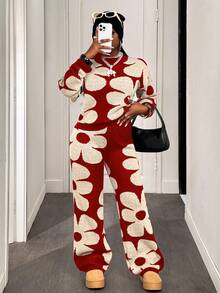 BamGleam 2pcs Women Floral Pattern Knitted Sweater And Pants Set - Red - View 4