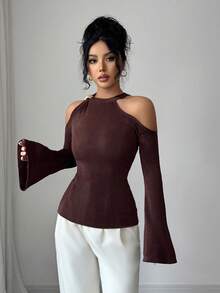 SHEIN Elenzya 女士优雅通勤纯色露肩挂脖喇叭袖衬衫 - 咖啡棕 - 查看 6