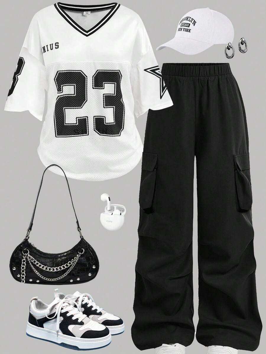 SHEIN Girlism Tween 女童休闲街头时尚宽松篮球运动衫印花上衣和阔腿裤套装 - 黑色 - 查看 1