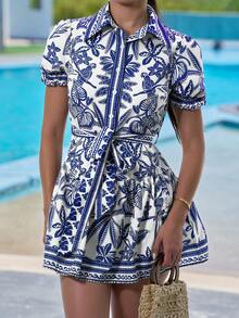 Andrea Bello Vacation Casual Bohemian Tropical Print A-Line Mini Dress - Blue - View 4