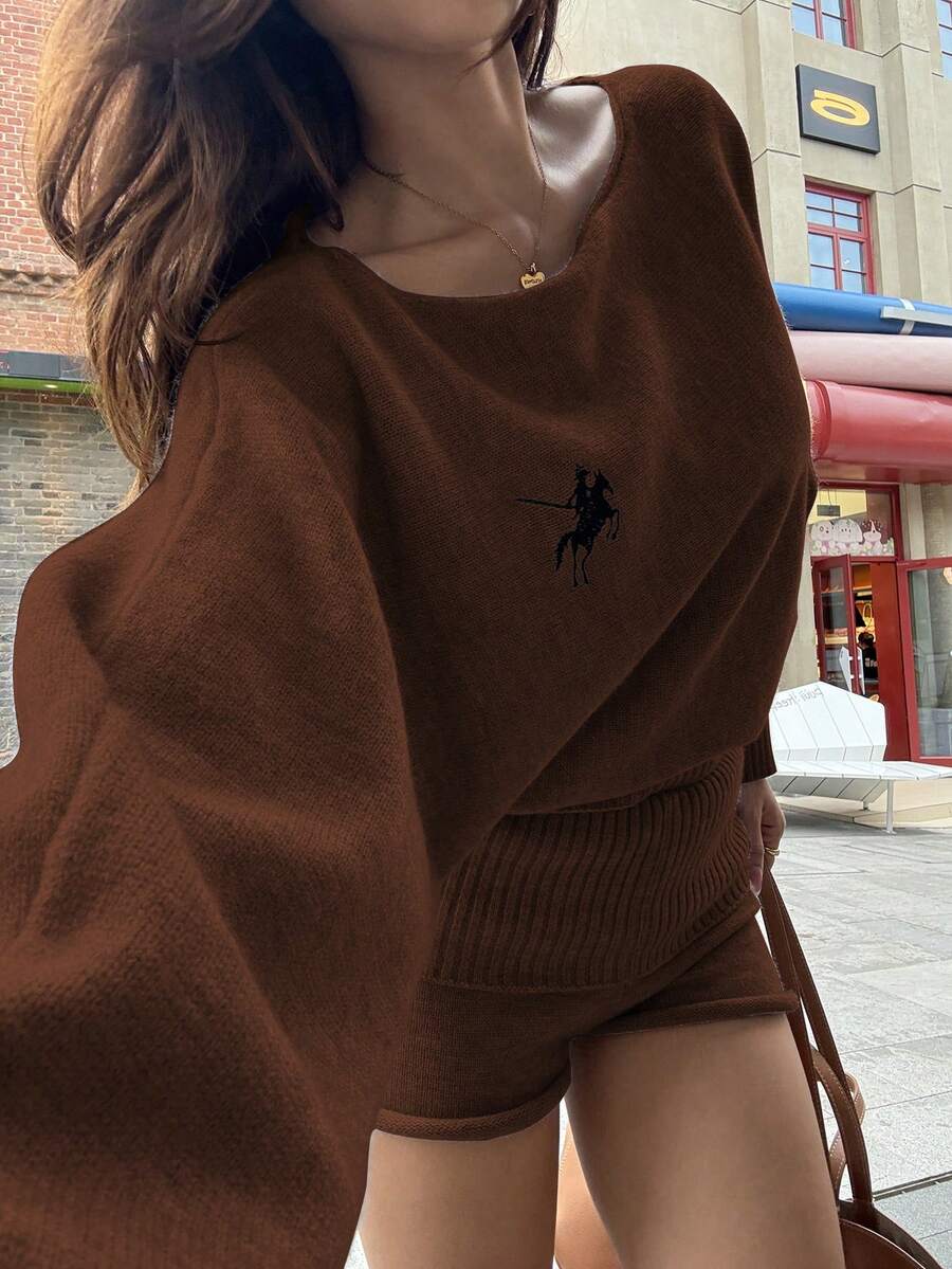 SHEIN Unity 2pcs Set Loose Fit Batwing Sleeve Fleece Sweater, Gray