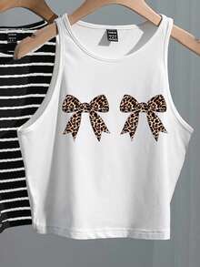 SHEIN EZwear 女士休闲豹纹蝴蝶结装饰四件套，黑白条纹性感紧身吊带背心，夏季 - 彩色 - 查看 3