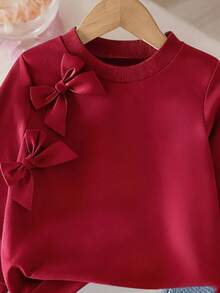 SHEIN Genkimix Kids 2 件女童休闲甜美圆领灯笼袖宽松纯色蝴蝶结运动衫和松紧腰直筒牛仔裤套装，适合返校季 - 酒紅色 - 查看 3