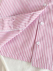 SHEIN Vintaside Kids 2 件女童优雅粉白条纹刺绣口袋、袖口和下摆蕾丝边开衫和裤子休闲舒适睡衣套装 - 粉色 - 查看 9