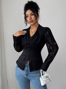 SHEIN LUNE Women's Vintage Elegant Woven Patchwork Lace V-Neck Ruched Waist Long Sleeve Blouse, Ladies Outerwear Suitable For Business Commute, Work Attire - Black - View 3