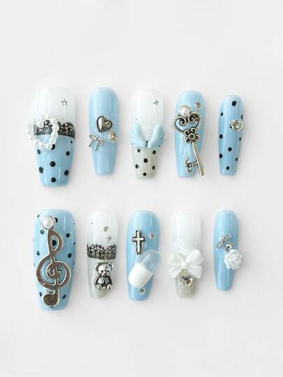 Kawaii 10 Stück süße Flügel, Musiknote, Stern Spitzenrand Polka Punkt handbemalte hochwertige Kunstnägel + 3 Stück doppelseitiger Kleber, abnehmbare & wiederverwendbare Sarg-förmige Fake Nägel, Schleife Element Nagel Aufkleber, geeignet für Feiertage, Partys, Tanzen und den täglichen Gebrauch