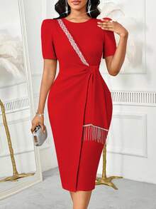 SHEIN Lady Đầm dài vừa phải cổ tròn tay bồng ngắn đính tua rua đính đá thanh lịch dành cho nữ - Đỏ - Xem 1