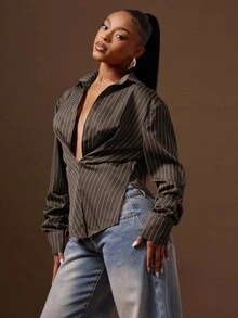 Denimoi Sexy Twisted Front Low Neck Stripe Dress Shirt, Stripe Shirt, Fashionable - Coffee Brown - View 4