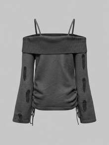 ROMWE Goth 女式朋克十字图案露肩修身毛衣 - 深灰色 - 查看 3