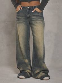 MUSERA Quần jeans ống rộng bạc màu, phong cách đường phố cá tính, thích hợp mặc hàng ngày mùa thu đông, kiểu sinh viên năm 1997, và cả mùa xuân hè. - Màu xanh lam - Xem 1