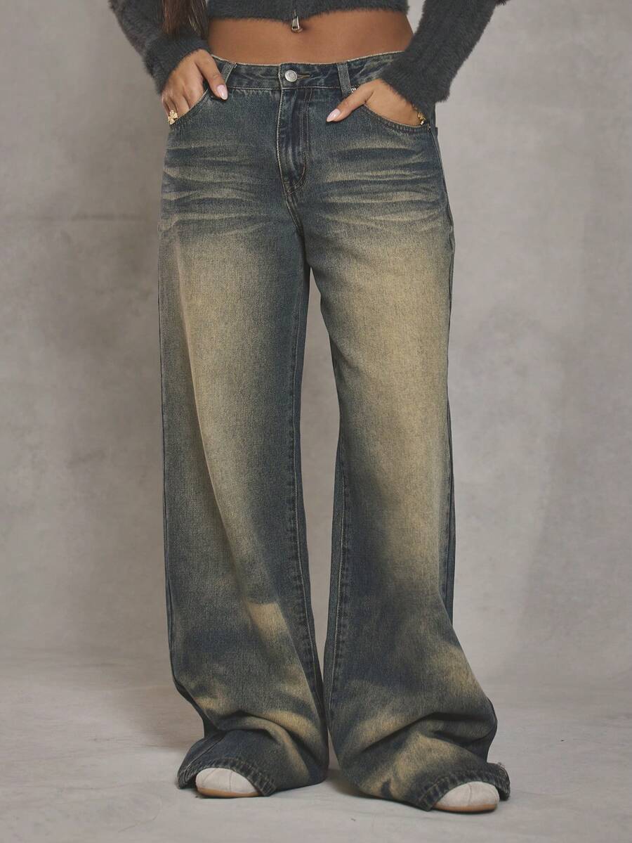 MUSERA Quần jeans ống rộng bạc màu, phong cách đường phố cá tính, thích hợp mặc hàng ngày mùa thu đông, kiểu sinh viên năm 1997, và cả mùa xuân hè. - Màu xanh lam - Xem 1
