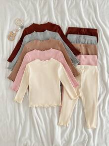 Loomiva 10 件套女婴纯色针织柔软圆领长袖套头衫和松紧腰长裤套装