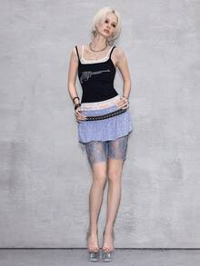 ROMWE Avant Women's Retro Collegiate Ballet Sports Lace Trim Sexy Low Waist Sheer 3/4 Leggings - Grey - View 7