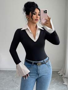 Rafferiza Elegant Commuting Tight-Fitting AB Version Lapel Bell Sleeves Long Sleeves Black Knitted Splicing Polka Dot T-Shirt Women's Autumn And Winter Pattern T-Shirt Spring Women's T-Shirt Chic Women's Winter Wear Women's Elegant Wear Women's Elegant T-Shirt - Multicolor - View 5