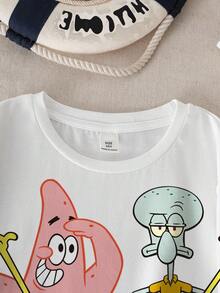 SpongeBob SquarePants | SHEIN Tween Boy Casual Daily Round Neck Short Sleeve T-Shirt, Summer - White - View 3