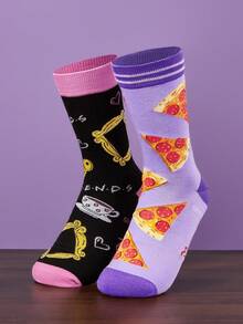 FRIENDS X SHEIN 2Pairs Soft & Breathable Moisture-Wicking Casual Funny Classic Lines Women Mid-Calf Socks Fashionable Cute Purple & Black Crew Socks Reinforced Toe & Heel For Durability All Season All-Match Summer Winter - Multicolor - View 11