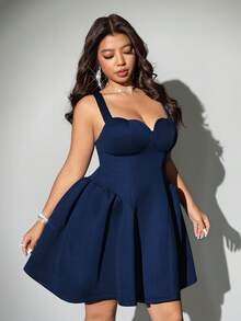 Viva Relle 大码女式心形吊带纯色优雅连衣裙 - 藍色 - 查看 5