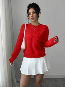 Elenzga Women's Crew Neck Floral Pattern Solid Color Pullover Sweater - Red - View 6