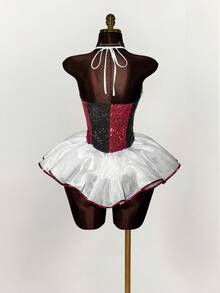 Amplova Đầm ngắn thời trang cổ yếm xếp nếp kim sa hình thoi màu tương phản dành cho nữ - Nhiều màu - Xem 7