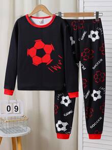 SHEIN 2pcs Tween Boy Snug Fit Glow-In-The-Dark Football Graphic Round Neck Long Sleeve Top And Pants Casual Comfortable Pajama Set
