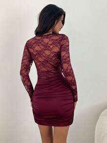 Aloruh Women's Autumn/Winter New Arrival Mini Dress, Long Sleeve Dress, Wine Red Lace Patchwork Vintage Romantic Sexy Elegant Lady Dress Long Sleeve Elegant Dress See Through Dress Wine Dress Mesh Dress Fall Clothes For Women Winter Clothes For Women Autumn Clothes Autumn Outfits For Women Fall Clothes Fall Outfits For Women Party/Nightclub/Y2K Outfit Burgundy Dress Dark Red Dress Red Wine Dress,Wedding Guest Dress Women